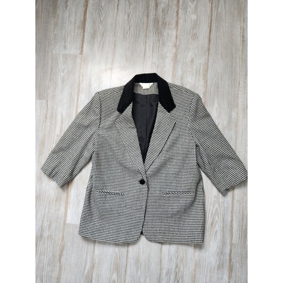 Sellecca Jackets & Blazers - VTG Sellecca Houndstooth Blazer Jacket  Tweed Velvet Black White 3/4 Sleeve 12P